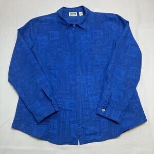 Chico's Design Shirt Womens 2 Blue Asian Geometric Full Zip Blouse Casual